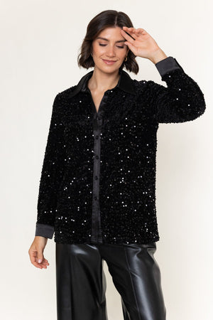 Carraig Donn Black Sequin And Satin Trim Long Sleeve Shirt