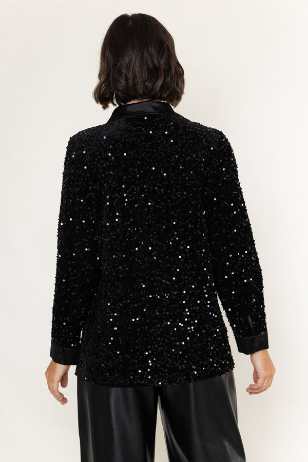 Carraig Donn Black Sequin And Satin Trim Long Sleeve Shirt