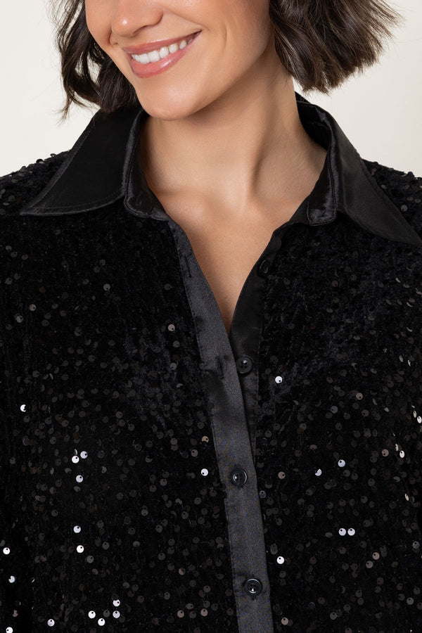 Carraig Donn Black Sequin And Satin Trim Long Sleeve Shirt
