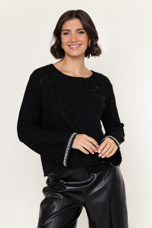 Carraig Donn Black Sequin Beaded Mandarin Long Sleeve Sweater