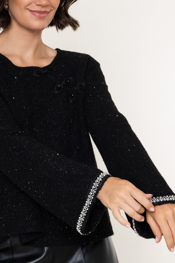 Carraig Donn Black Sequin Beaded Mandarin Long Sleeve Sweater
