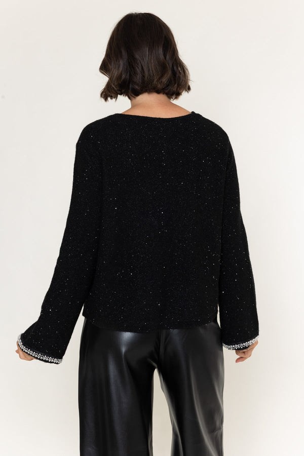 Carraig Donn Black Sequin Beaded Mandarin Long Sleeve Sweater