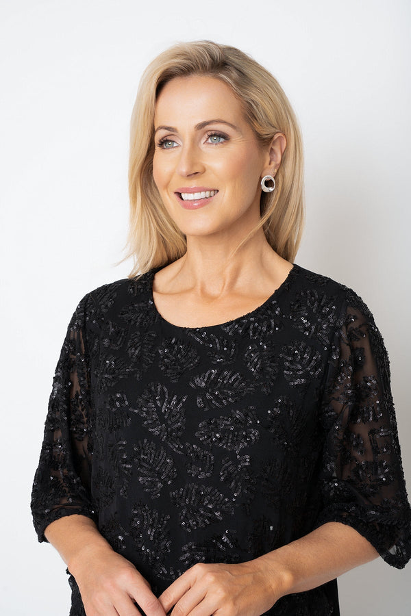 Carraig Donn Black Sequin Layered 3/4 Sleeve Top