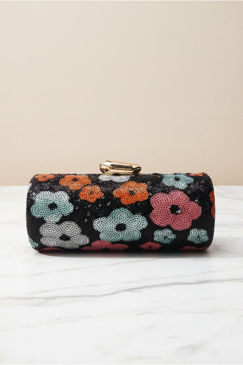 Black Sequin Multi Colour Floral Print Cylindrical Clutch Bag