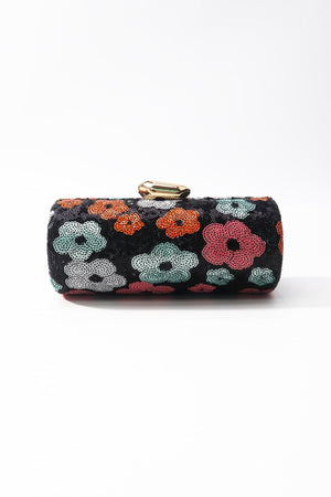 Carraig Donn Black Sequin Multi Colour Floral Print Cylindrical Clutch Bag