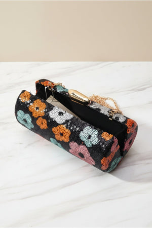 Carraig Donn Black Sequin Multi Colour Floral Print Cylindrical Clutch Bag