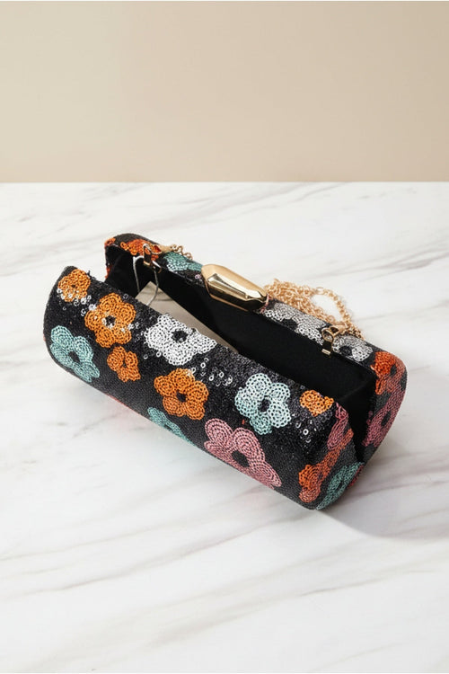 Carraig Donn Black Sequin Multi Colour Floral Print Cylindrical Clutch Bag