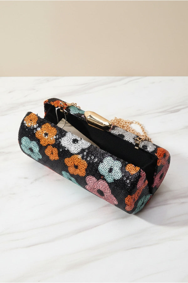 Carraig Donn Black Sequin Multi Colour Floral Print Cylindrical Clutch Bag
