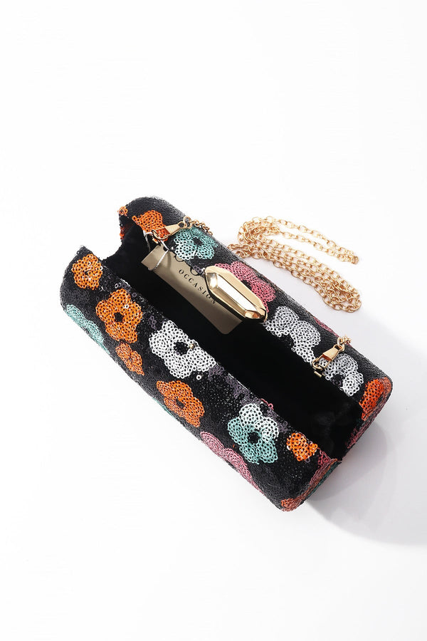 Carraig Donn Black Sequin Multi Colour Floral Print Cylindrical Clutch Bag