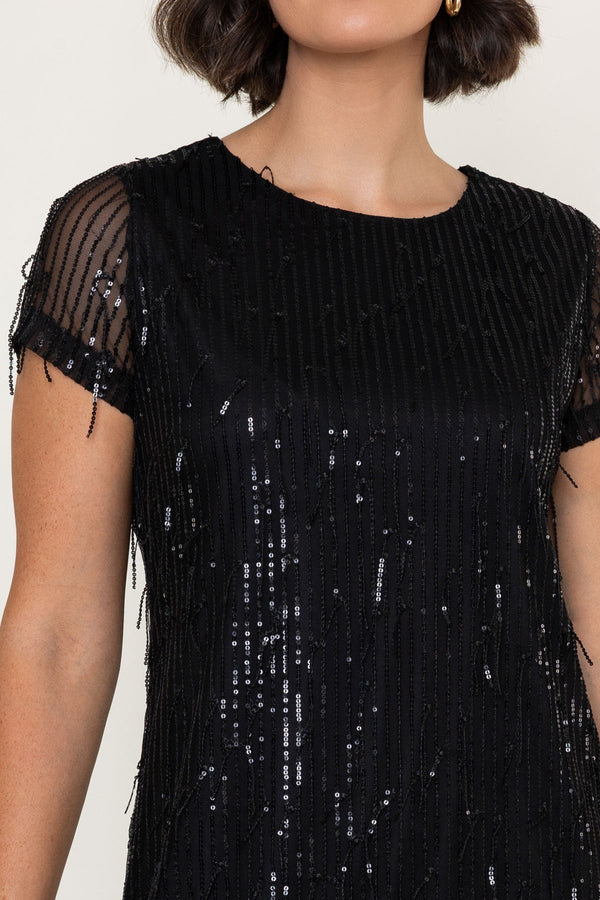 Carraig Donn Black Sequin Shift Short Sleeve Mini Dress