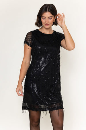 Carraig Donn Black Sequin Shift Short Sleeve Mini Dress