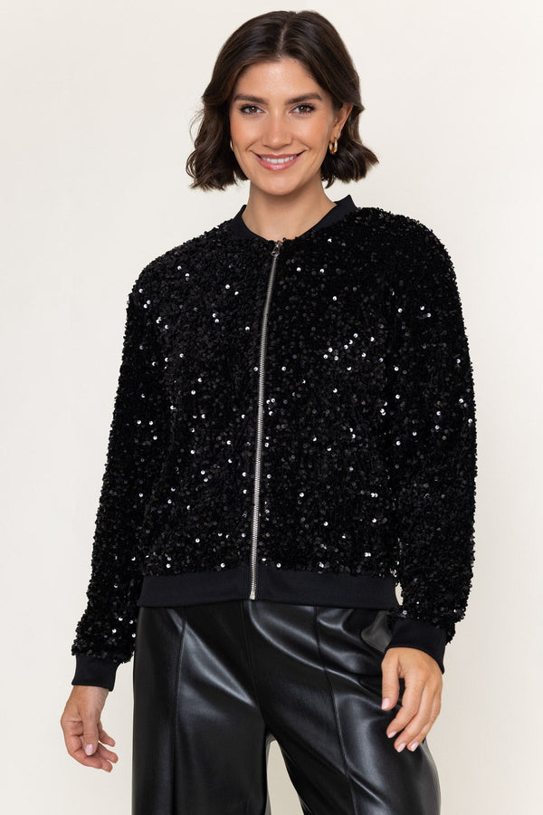Carraig Donn Black Sequin Zip Up Long Sleeve Bomber Jacket