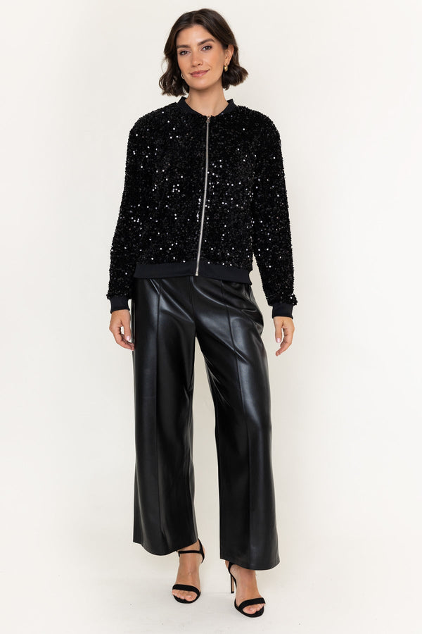 Carraig Donn Black Sequin Zip Up Long Sleeve Bomber Jacket