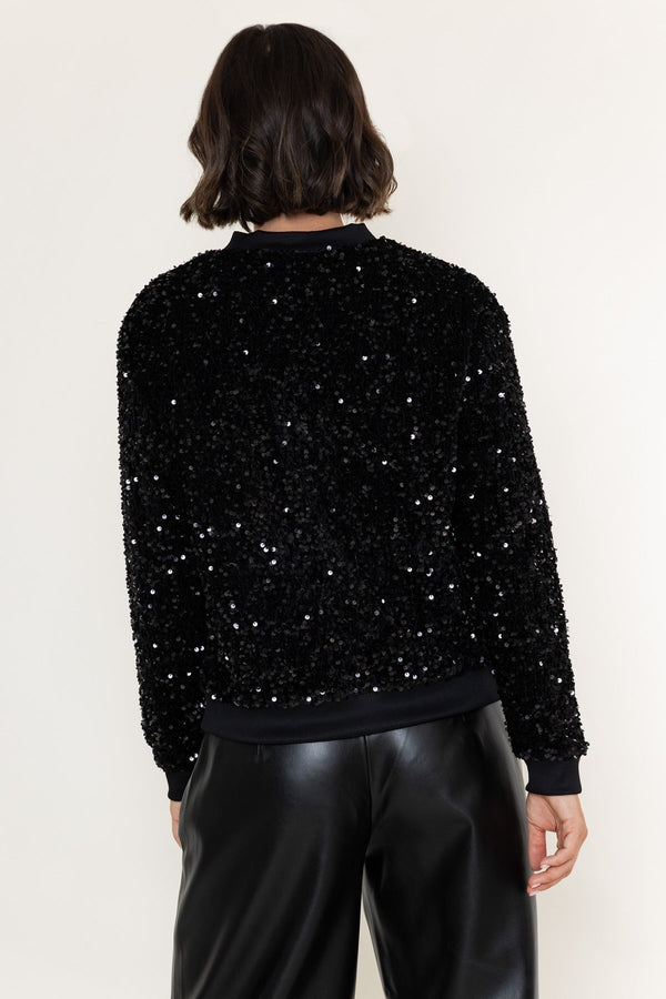 Carraig Donn Black Sequin Zip Up Long Sleeve Bomber Jacket