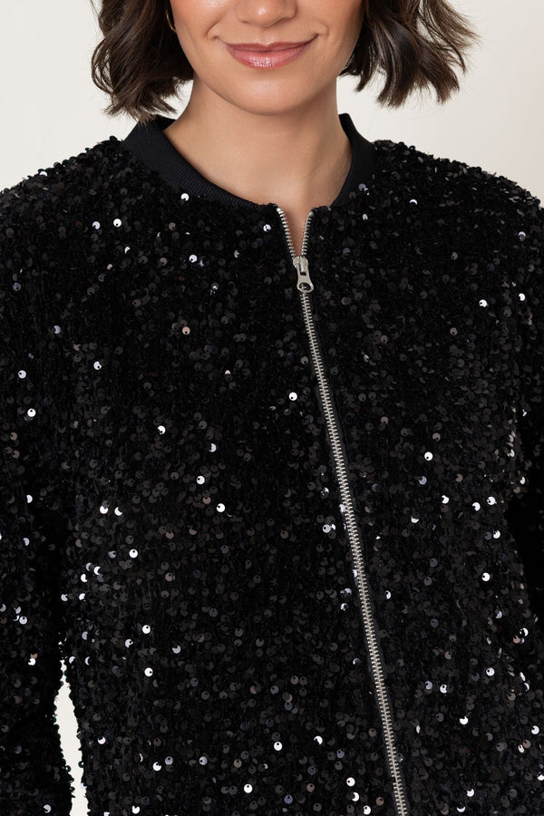 Carraig Donn Black Sequin Zip Up Long Sleeve Bomber Jacket
