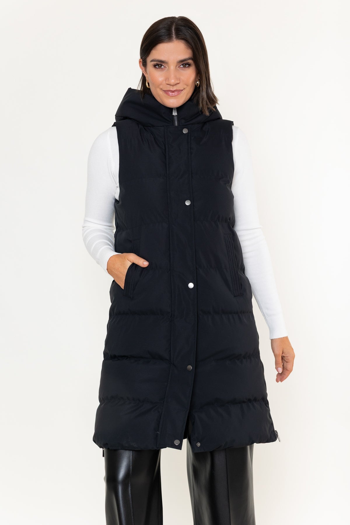 Black Shell Longline Quilted Hooded Gilet