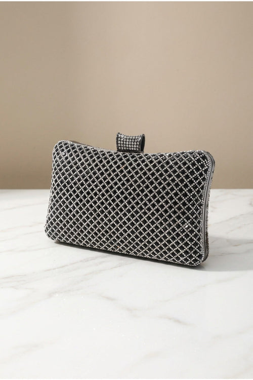 Black & Silver Diamante Lattice Clutch Bag