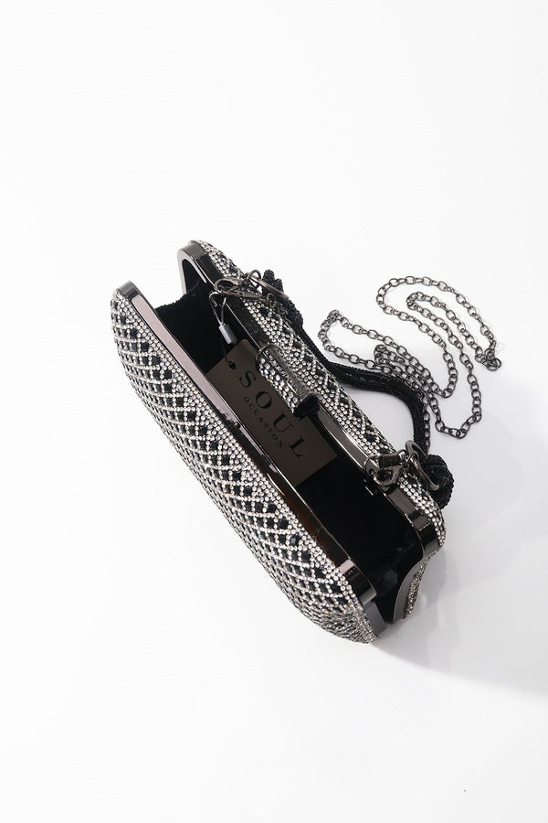 Carraig Donn Black & Silver Diamante Lattice Clutch Bag