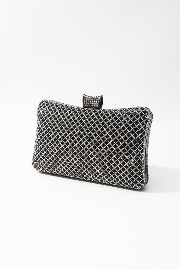 Carraig Donn Black & Silver Diamante Lattice Clutch Bag