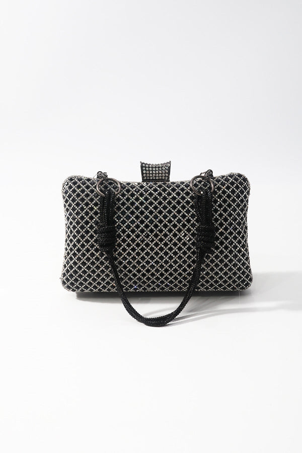 Carraig Donn Black & Silver Diamante Lattice Clutch Bag