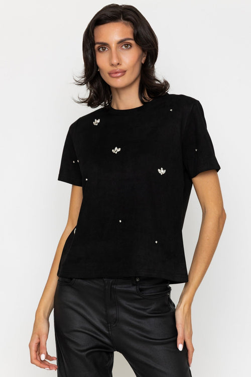 Black Suedette Embellished Short Sleeve Top
