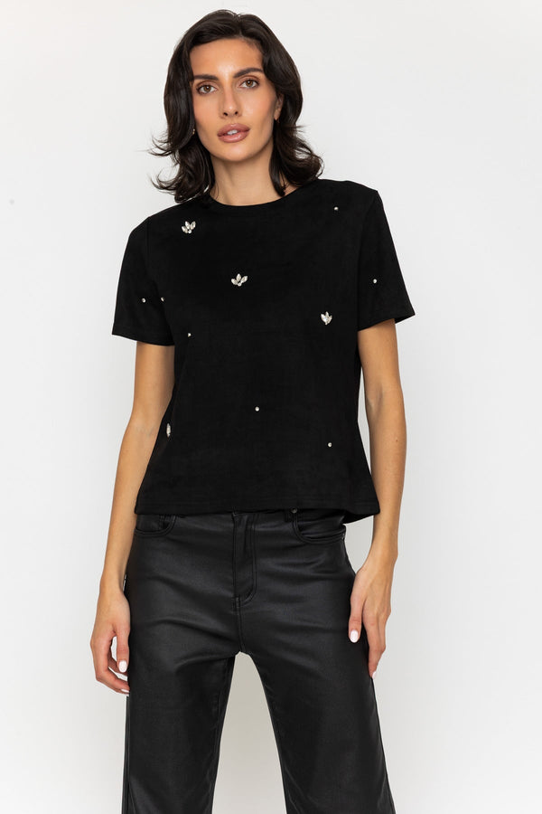 Carraig Donn Black Suedette Embellished Short Sleeve Top