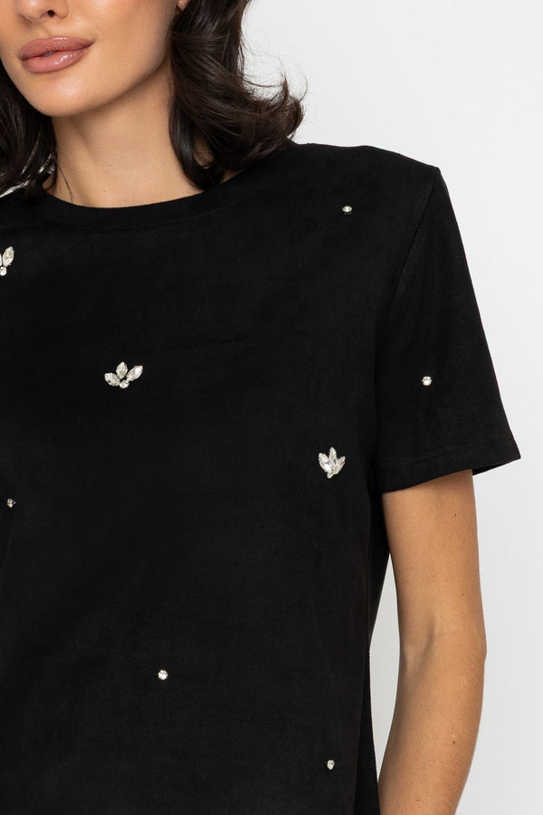 Carraig Donn Black Suedette Embellished Short Sleeve Top