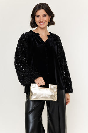 Carraig Donn Black Velvet And Sequin Boho Long Sleeve Blouse