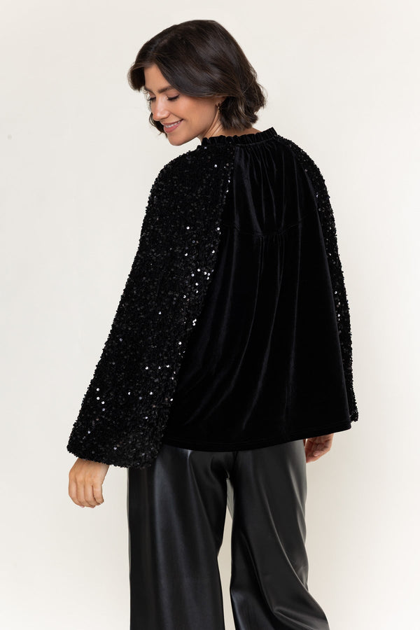 Carraig Donn Black Velvet And Sequin Boho Long Sleeve Blouse