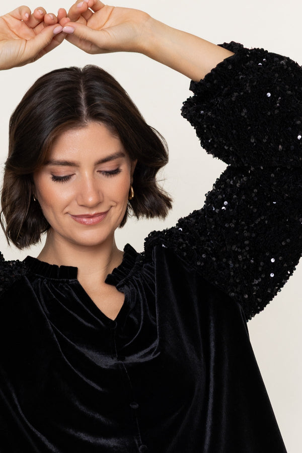 Carraig Donn Black Velvet And Sequin Boho Long Sleeve Blouse