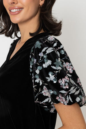Carraig Donn Black Velvet Floral Sequin Embellished Sleeve Top