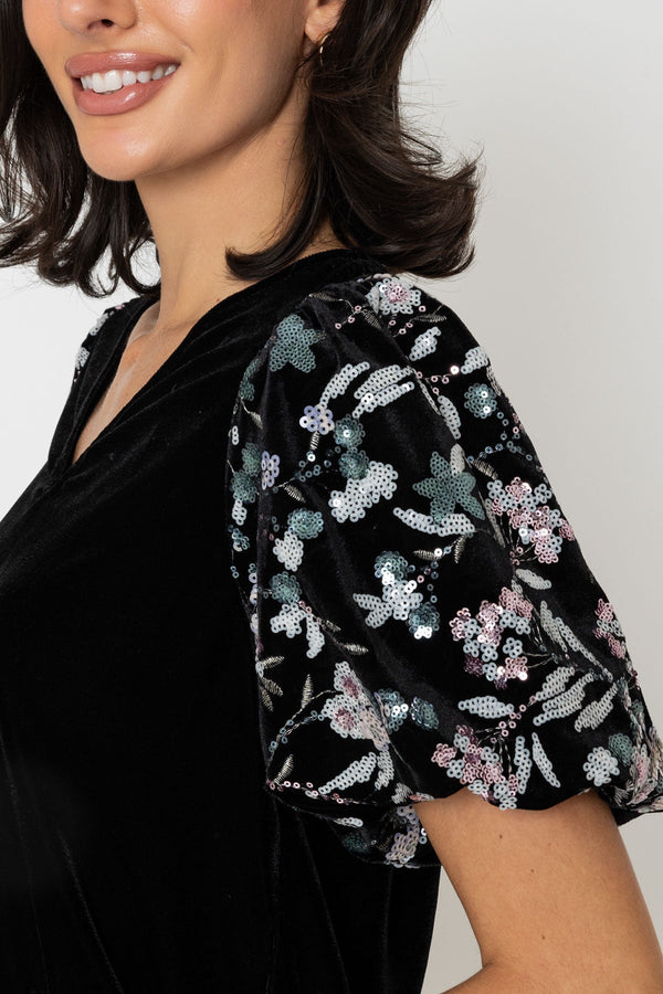 Carraig Donn Black Velvet Floral Sequin Embellished Sleeve Top