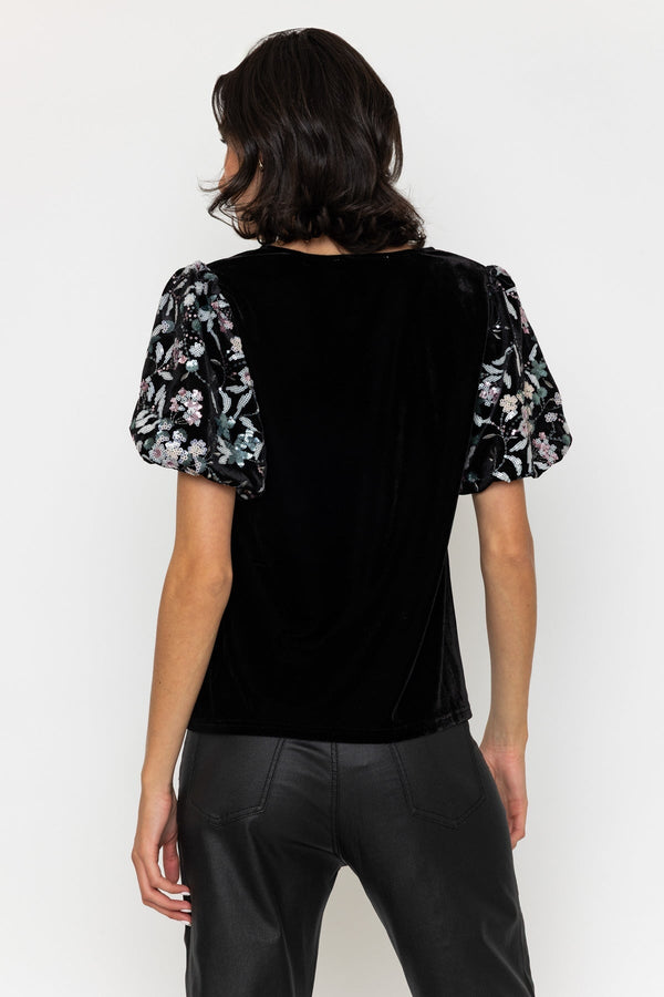 Carraig Donn Black Velvet Floral Sequin Embellished Sleeve Top
