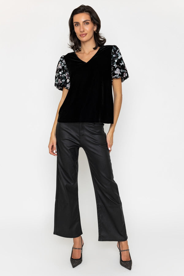 Carraig Donn Black Velvet Floral Sequin Embellished Sleeve Top