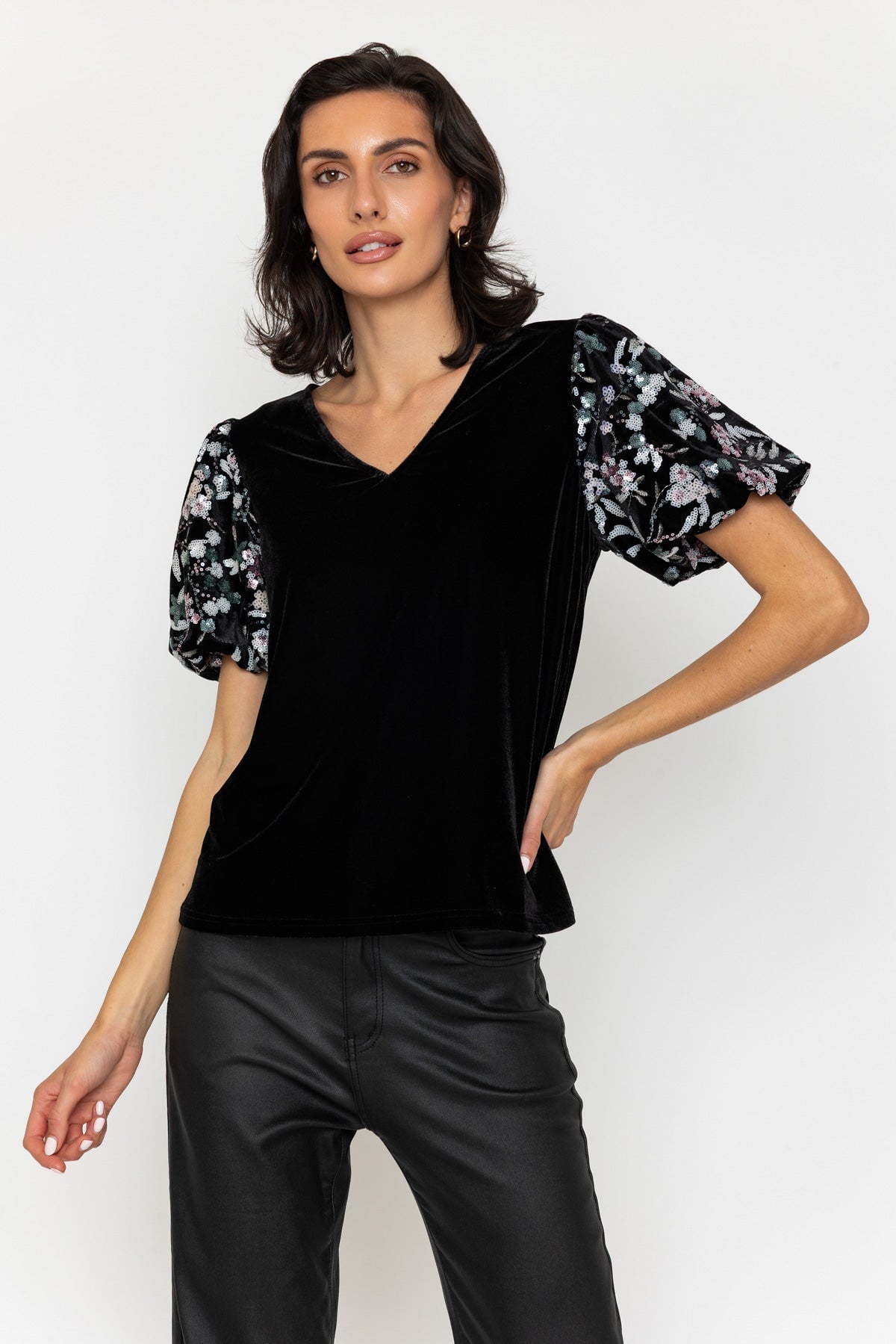 Black Velvet Floral Sequin Embellished Sleeve Top
