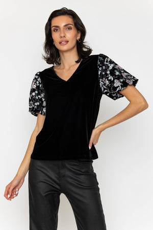Carraig Donn Black Velvet Floral Sequin Embellished Sleeve Top