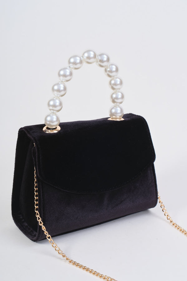 Carraig Donn Black Velvet Pearl Top Handle Clutch Bag