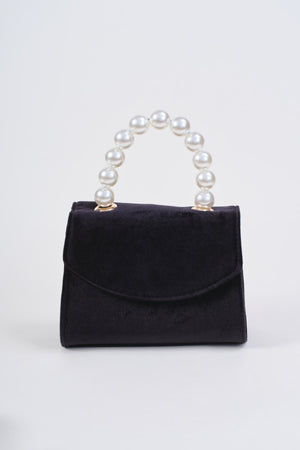 Carraig Donn Black Velvet Pearl Top Handle Clutch Bag