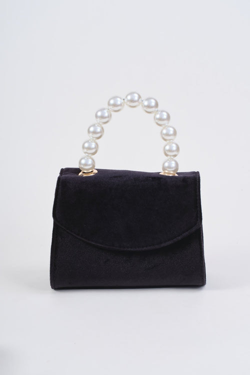 Carraig Donn Black Velvet Pearl Top Handle Clutch Bag