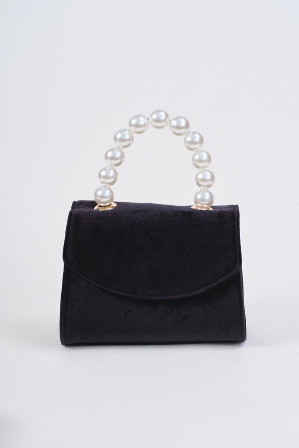 Carraig Donn Black Velvet Pearl Top Handle Clutch Bag