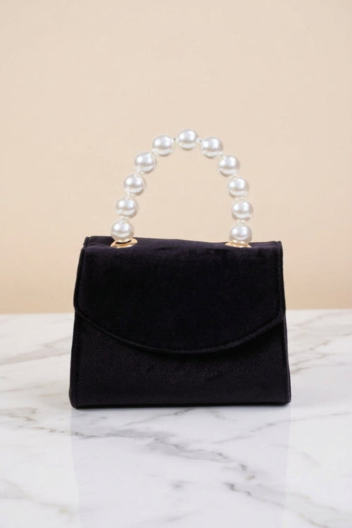 Black Velvet Pearl Top Handle Clutch Bag