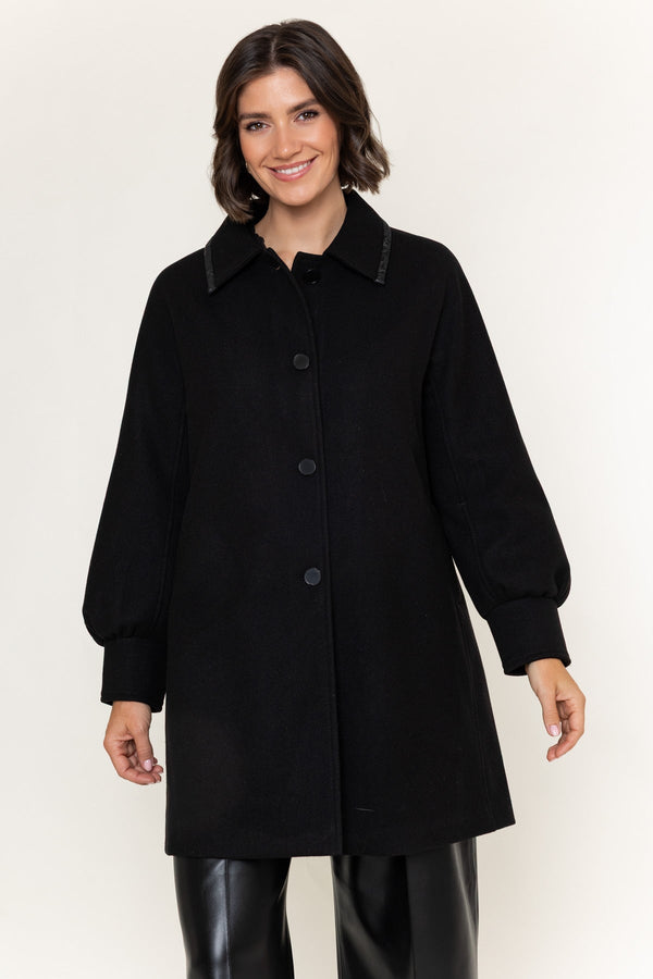 Carraig Donn Black Velvet Trim Button Longline Coat