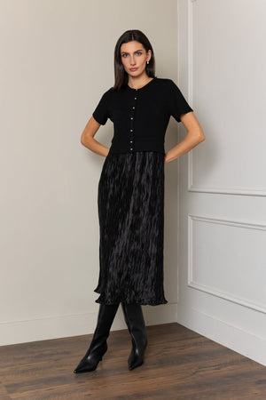 Carraig Donn Black Viscose Blend Contrast Fabric A-Line Short Sleeve Midi Dress