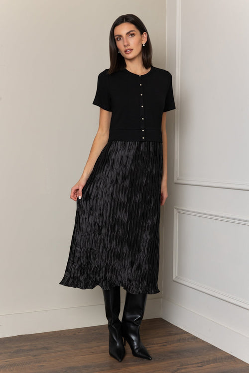 Black Viscose Blend Contrast Fabric A-Line Short Sleeve Midi Dress