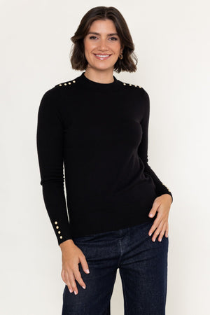 Carraig Donn Black Viscose Blend Knitted Turtleneck Button Detail Long Sleeve Jumper