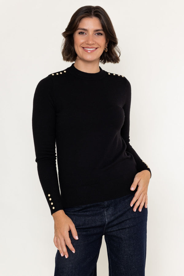 Carraig Donn Black Viscose Blend Knitted Turtleneck Button Detail Long Sleeve Jumper