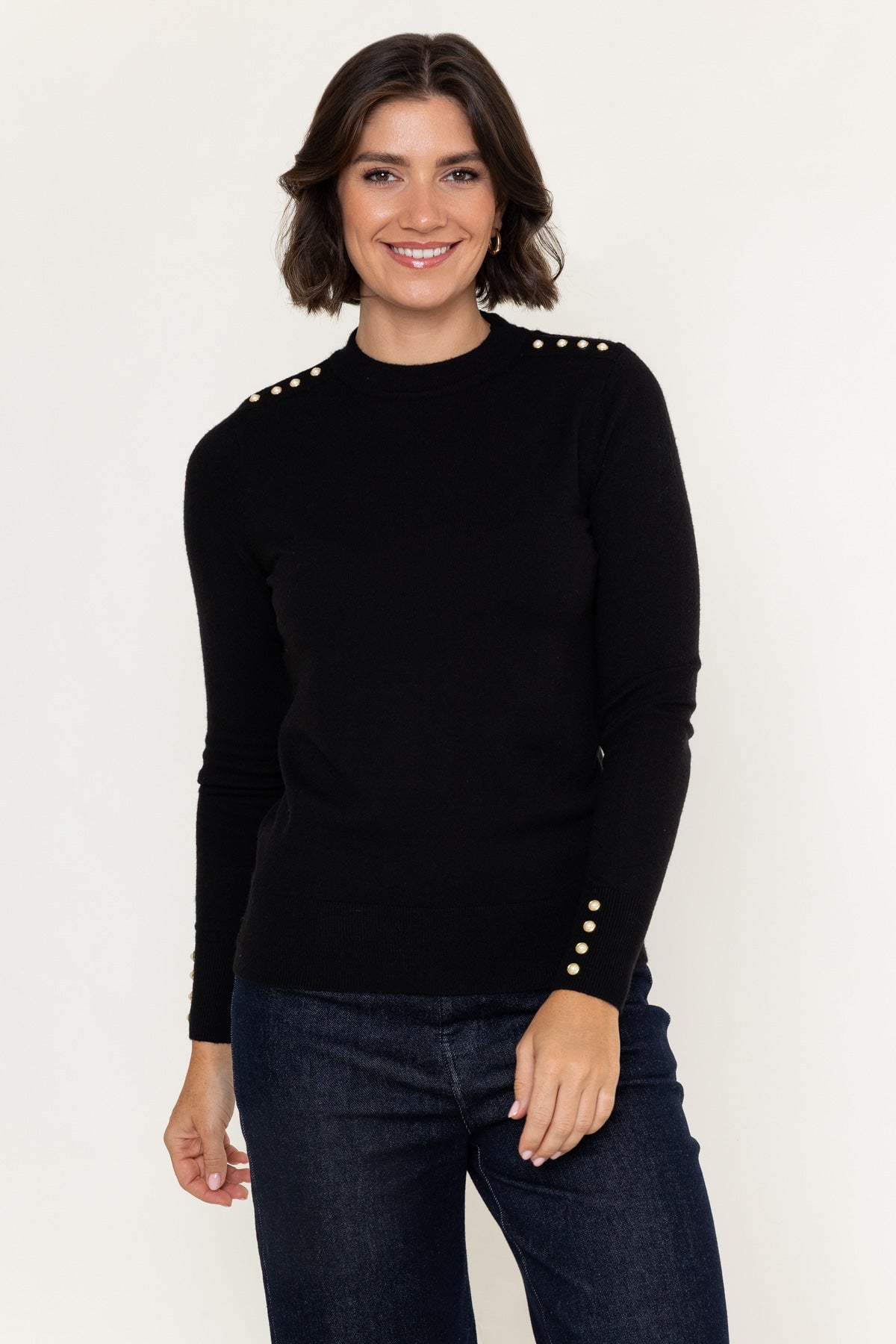 Black Viscose Blend Knitted Turtleneck Button Detail Long Sleeve Jumper