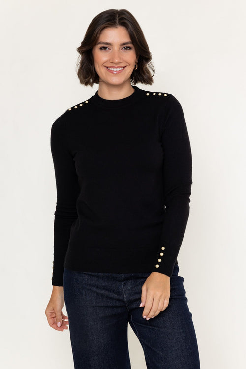 Black Viscose Blend Knitted Turtleneck Button Detail Long Sleeve Jumper
