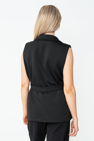 Carraig Donn Black Viscose Blend Longline Belted Waistcoat