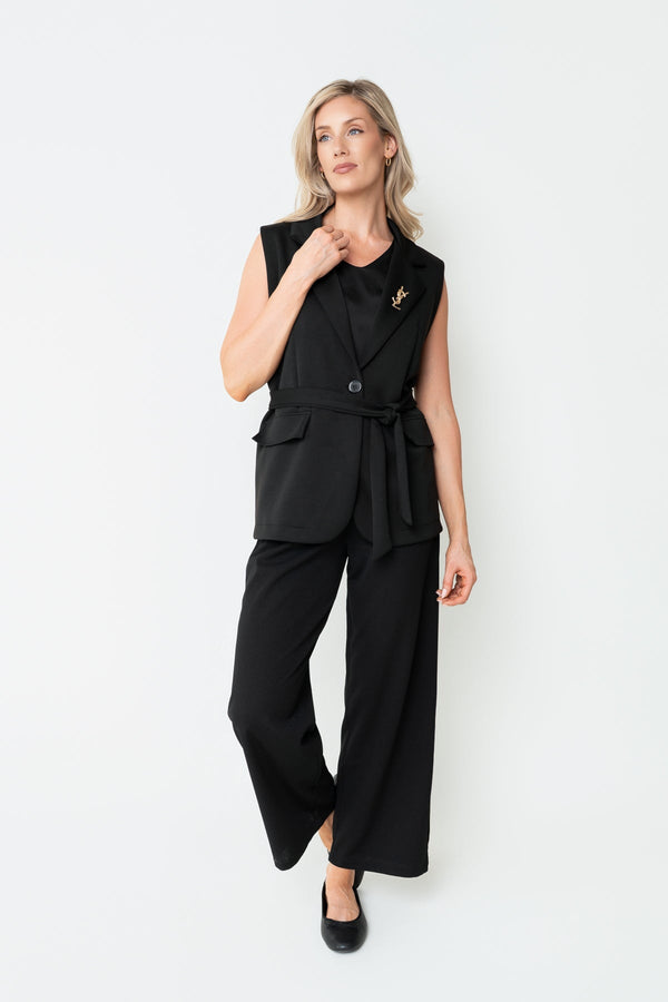 Carraig Donn Black Viscose Blend Longline Belted Waistcoat